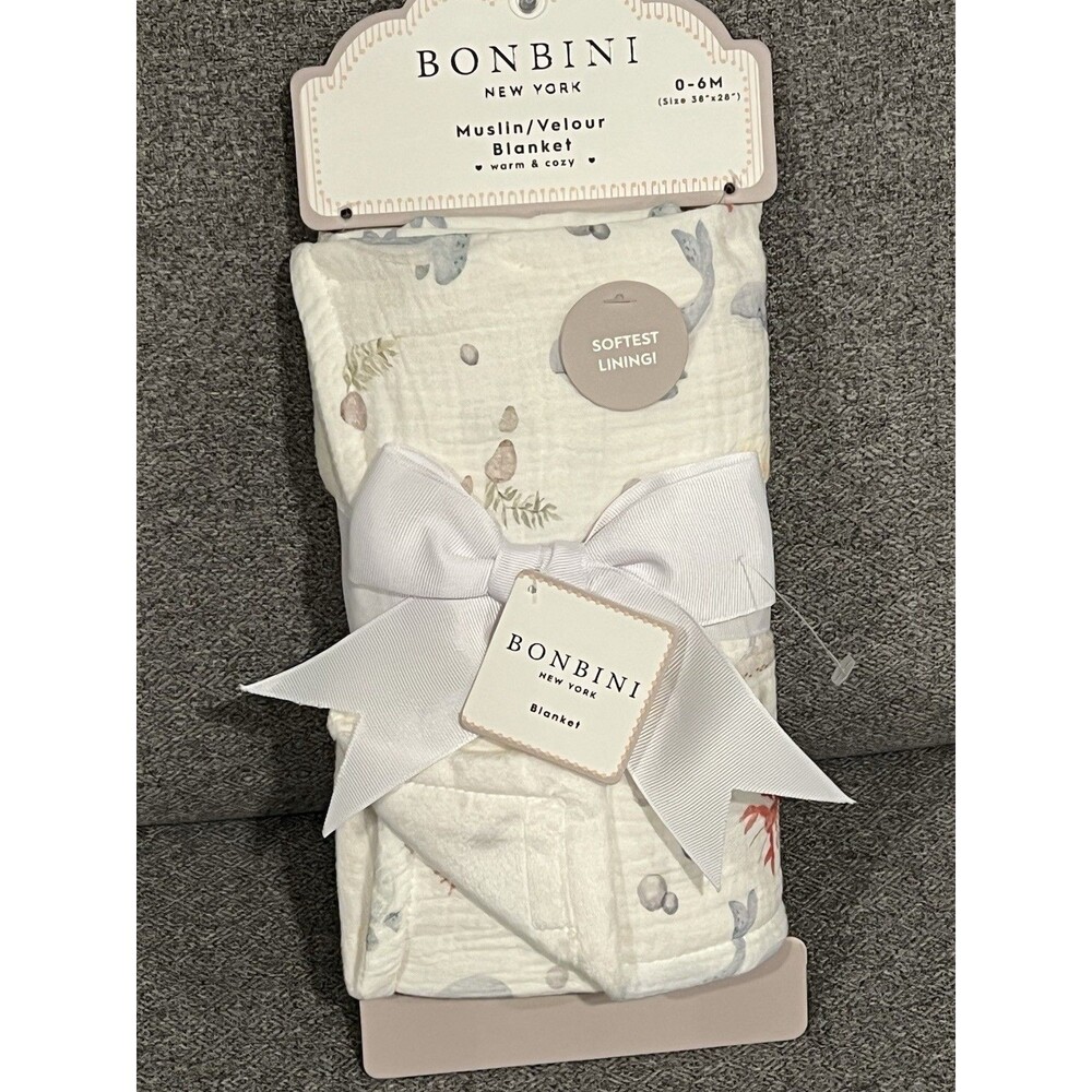 Bonbini Baby Blanket Muslin Velour Soft Lining Under The Sea Fish Crabs Turtle